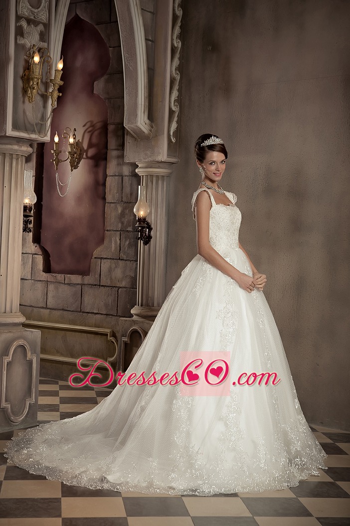 Modest Ball Gown Square Chapel Train Lace Wedding Dress