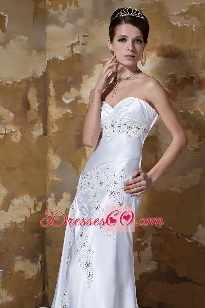 Beautiful Column Court Train Silk Like Satin Beading Wedding Dress