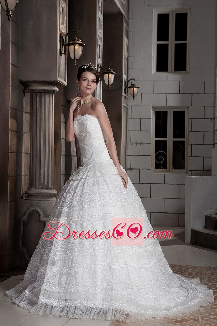 Customize A-line Strapless Court Train Beading Wedding Dress
