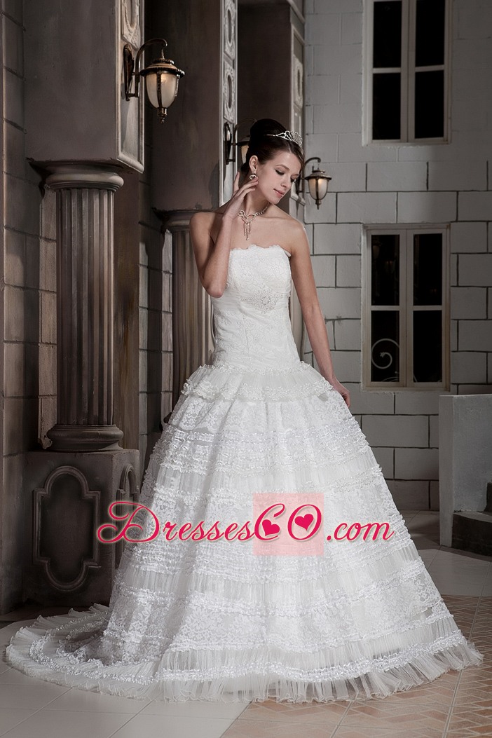 Customize A-line Strapless Court Train Beading Wedding Dress