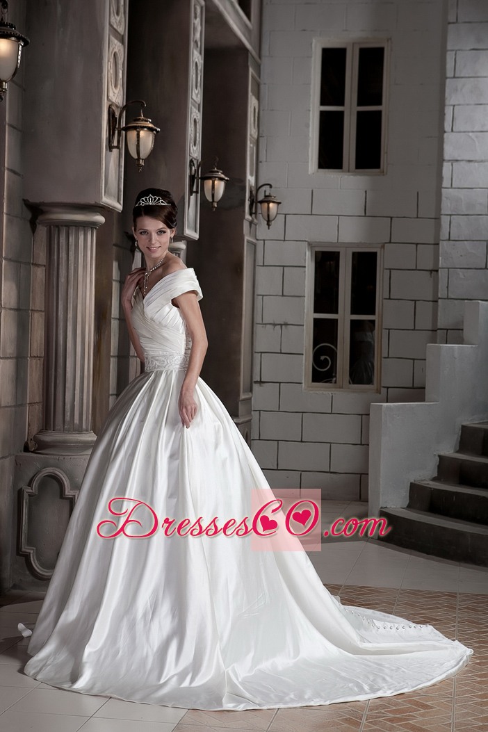 New A-line / Princess Off The Shoulder Court Train Ruching Wedding Dress