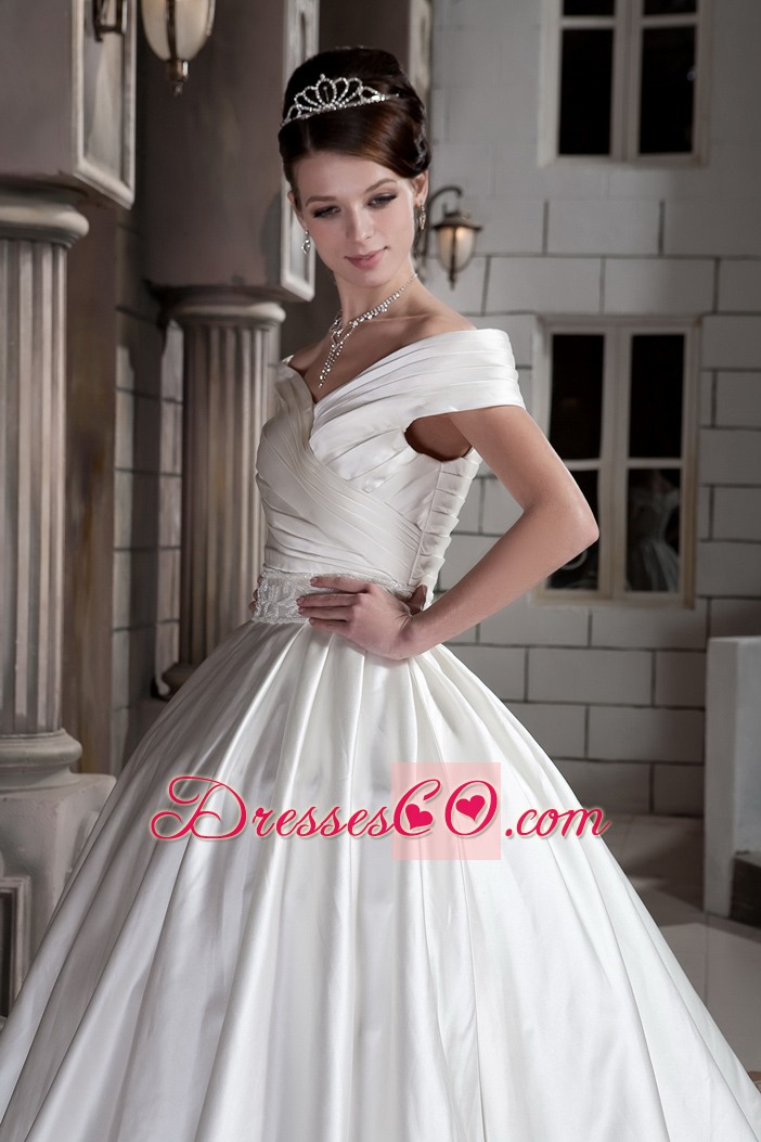 New A-line / Princess Off The Shoulder Court Train Ruching Wedding Dress