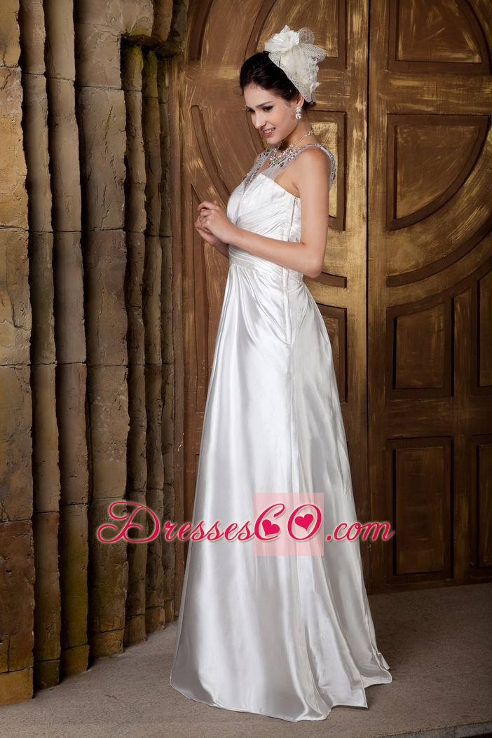 Custom Made A-line V-neck Long Elastic Woven Satin Beading Wedding Dress