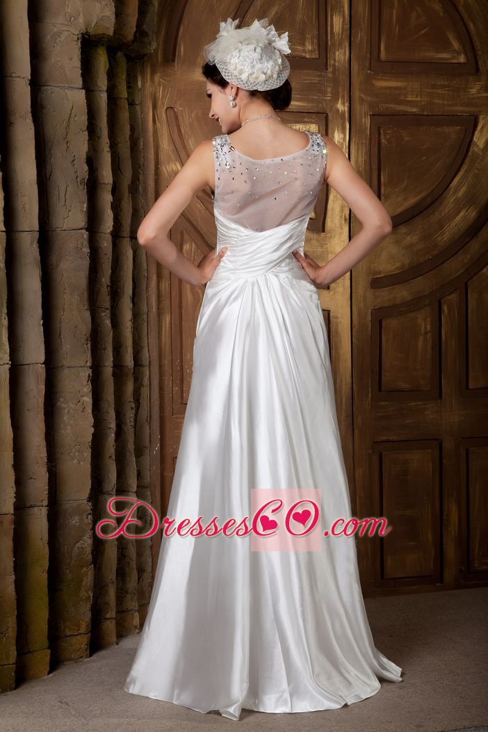 Custom Made A-line V-neck Long Elastic Woven Satin Beading Wedding Dress
