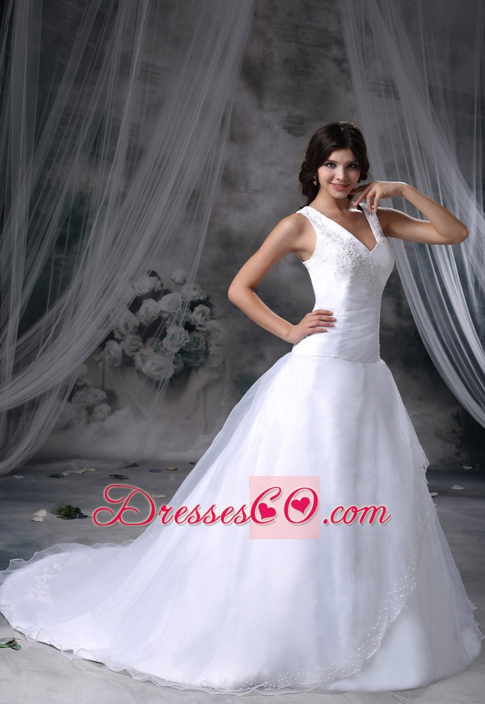 Appliques Decorate Bust Ball Gown Chapel Train Wedding Dress For 2013