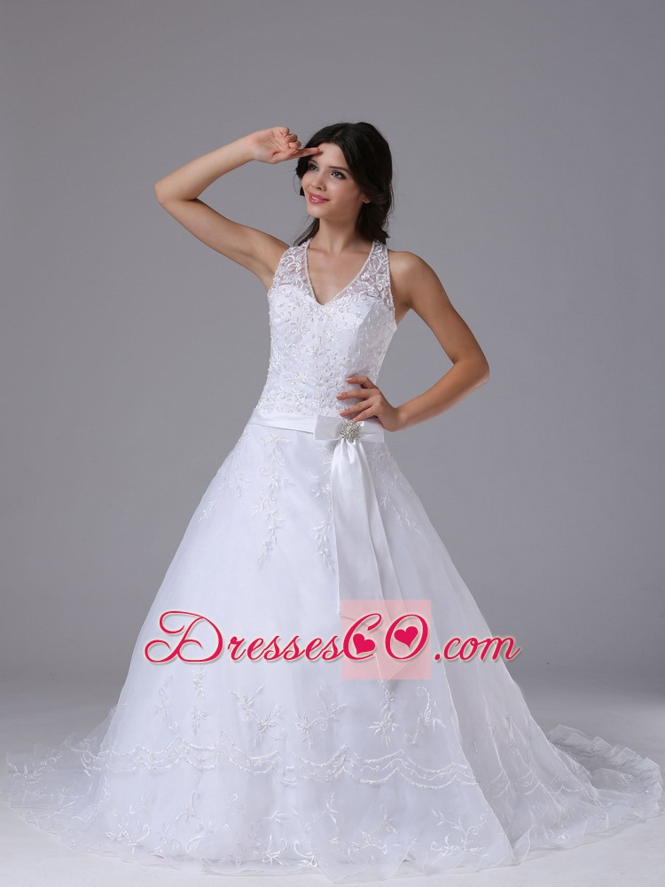Halter Bowknot and Lace Over Skirt For Elegant Wedding Dress Lace Court Train