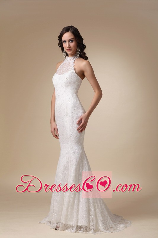Fashionable Mermaid High-neck Brush Train Taffeta and Lace Wedding Dress