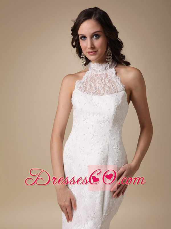 Fashionable Mermaid High-neck Brush Train Taffeta and Lace Wedding Dress