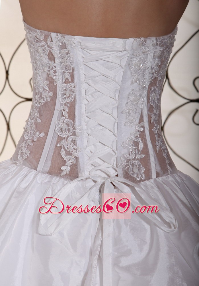 Exquisite Lace Bodice Taffeta With Pick-ups Ball Gown Wedding Dress