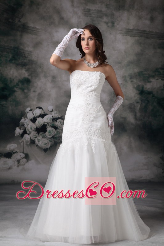 Perfect Mermaid Strapless Brush Train Tulle Lace Wedding Dress