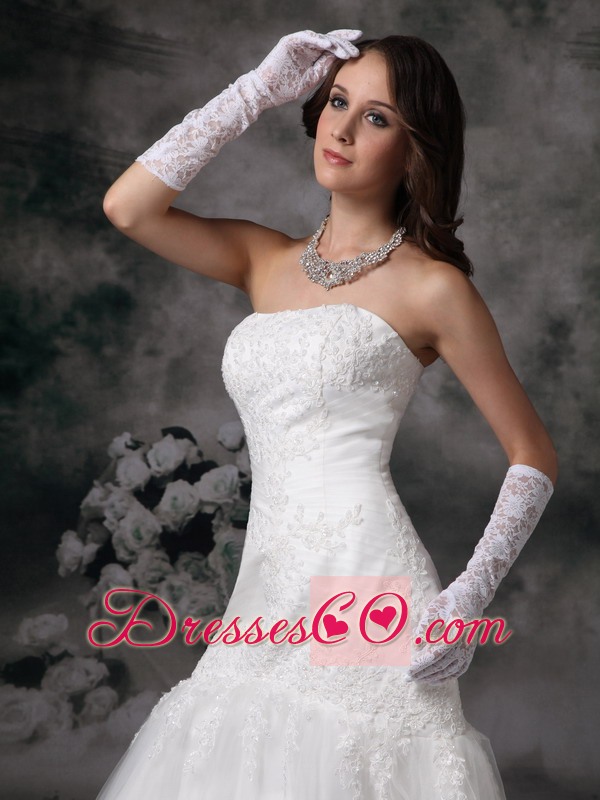Perfect Mermaid Strapless Brush Train Tulle Lace Wedding Dress