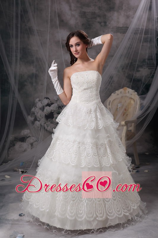 Fashionable A-line Strapless Long Taffeta And Lace Wedding Dress