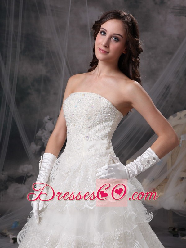 Fashionable A-line Strapless Long Taffeta And Lace Wedding Dress