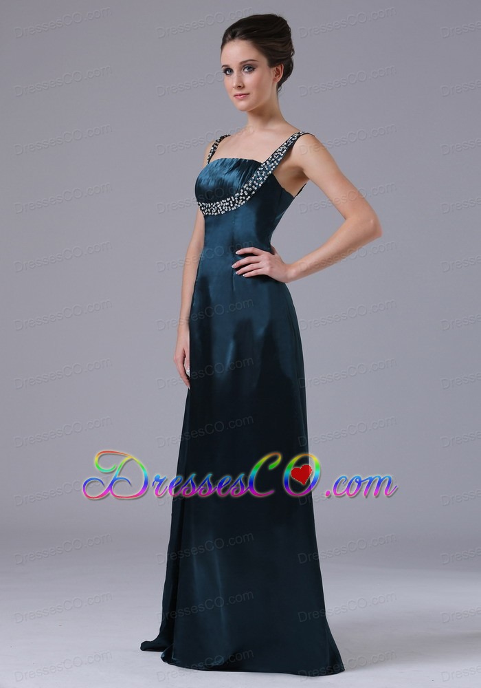 Beaded Decorate Shoulder Straps Taffeta Navy Blue Long Prom Dress