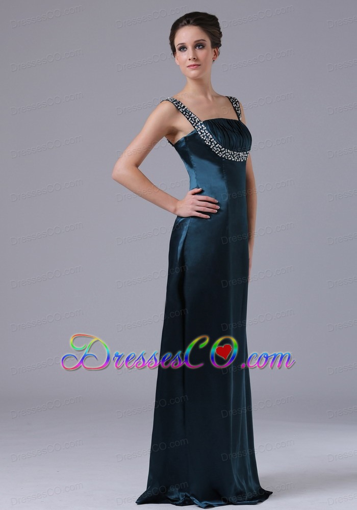 Beaded Decorate Shoulder Straps Taffeta Navy Blue Long Prom Dress