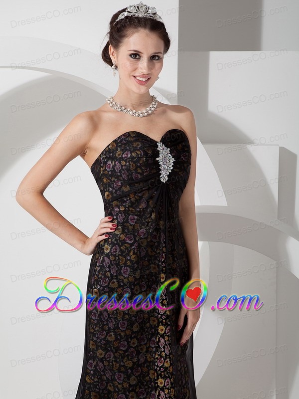 Beautiful Black Column Print Prom Dress Chiffon with Beading
