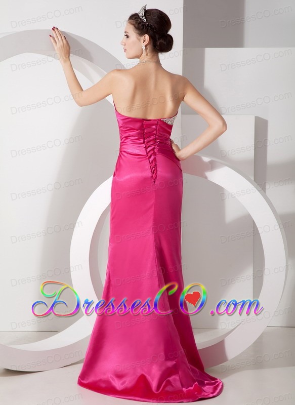 Vintage Hot Pink Column Prom Dress Satin Beading and Ruching Brush Train