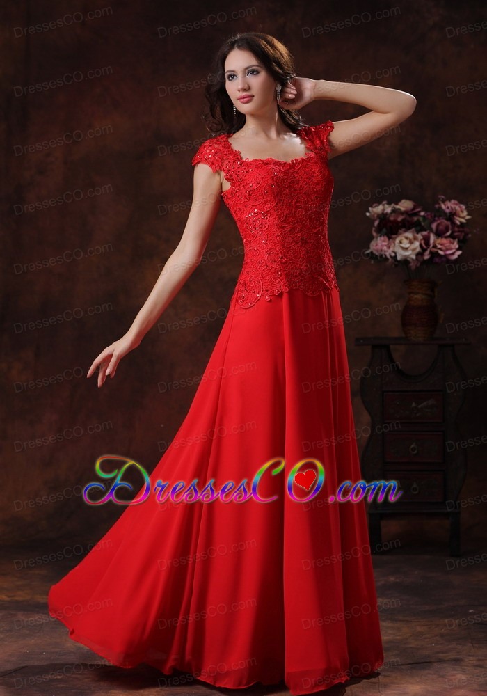 Custom Made Red Square Neckline Prom Dress With Lace Over Bodice