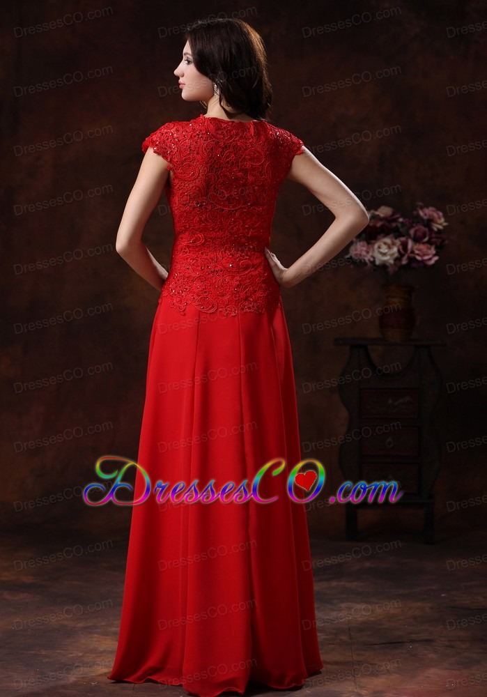 Custom Made Red Square Neckline Prom Dress With Lace Over Bodice