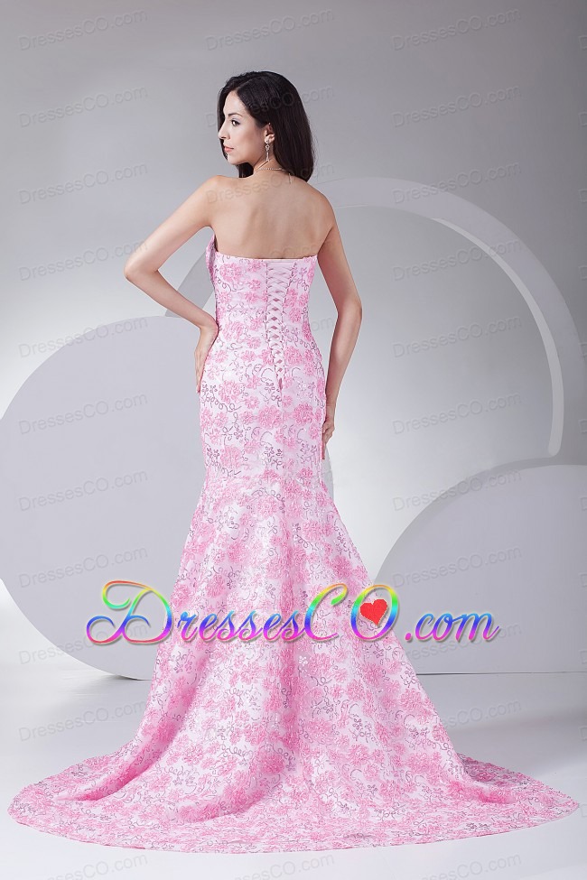 Printing Mermaid Strapless Brush Train Prom Dress For Formal Evening