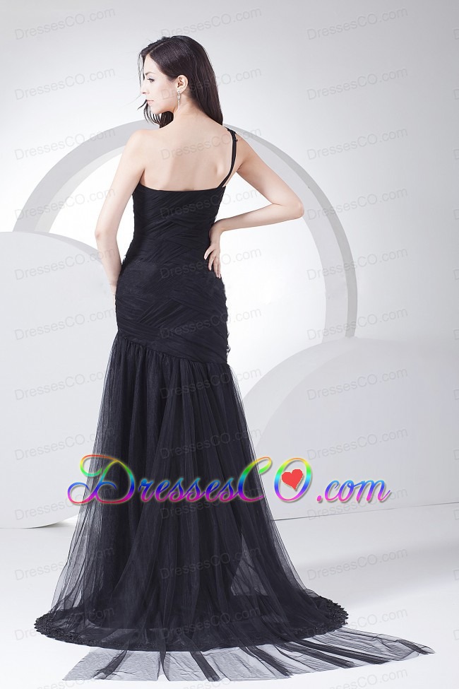 Appliques and Ruching Decorate Bodice One Shoulder Black Tulle and Taffeta Prom Dress For Brush Train