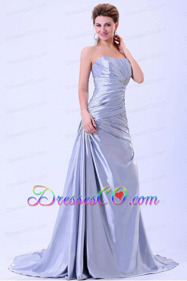 Custom Made For Prom / Evening Dress Silver A-line Ruched and Appliques With Brush Train