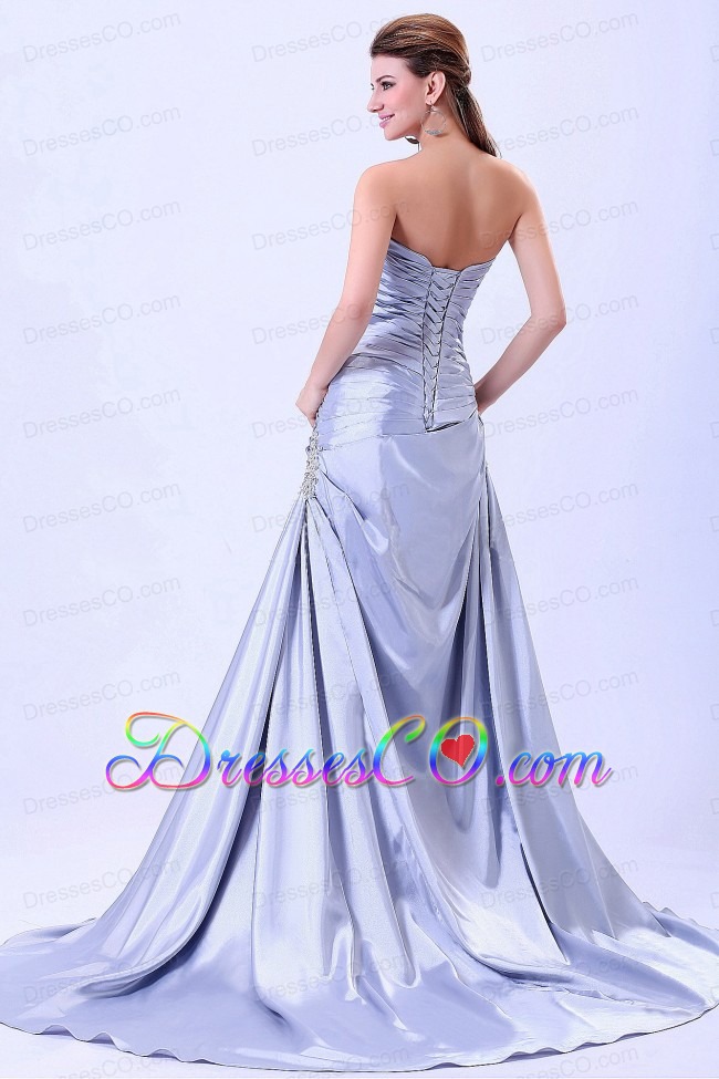 Custom Made For Prom / Evening Dress Silver A-line Ruched and Appliques With Brush Train
