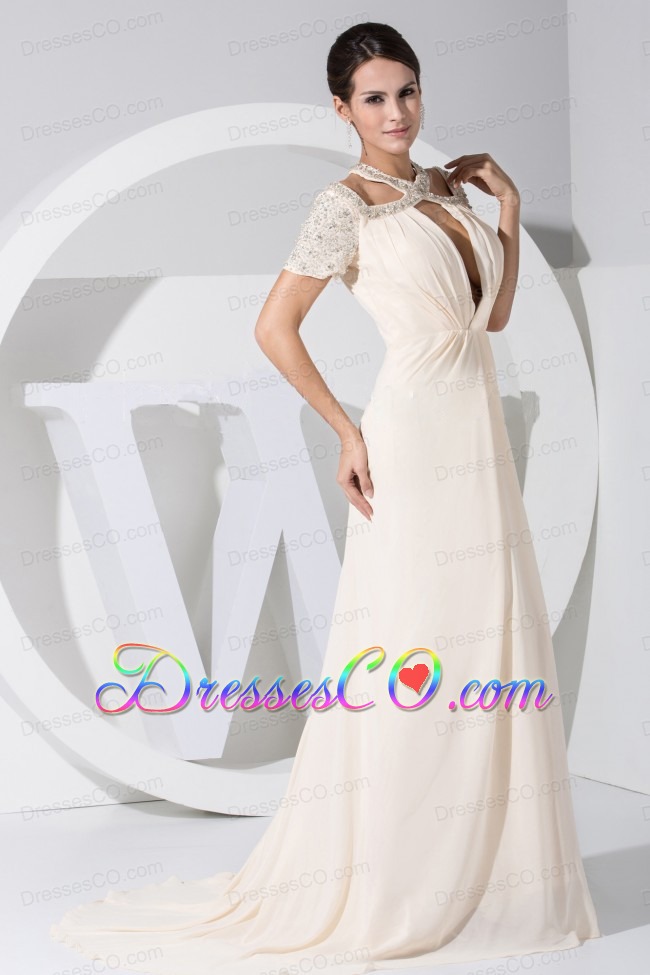 Beading Decorate Bodice Scoop Neckline Prom Dress For Brush Train