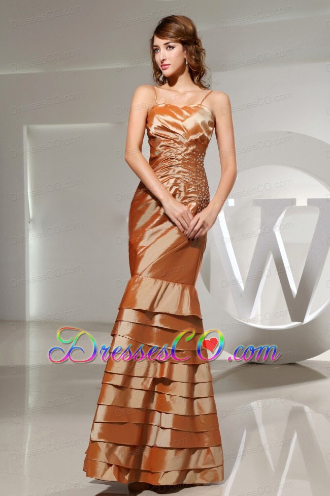 Mermaid Beading Taffeta Long Spaghetti Straps Brown Prom Dress