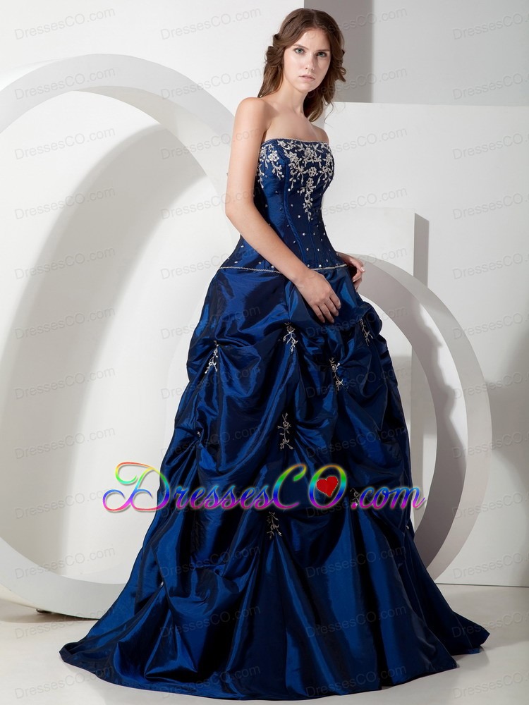 Informal Royal Blue A-line Strapless Long Taffeta Appliques Prom Dress