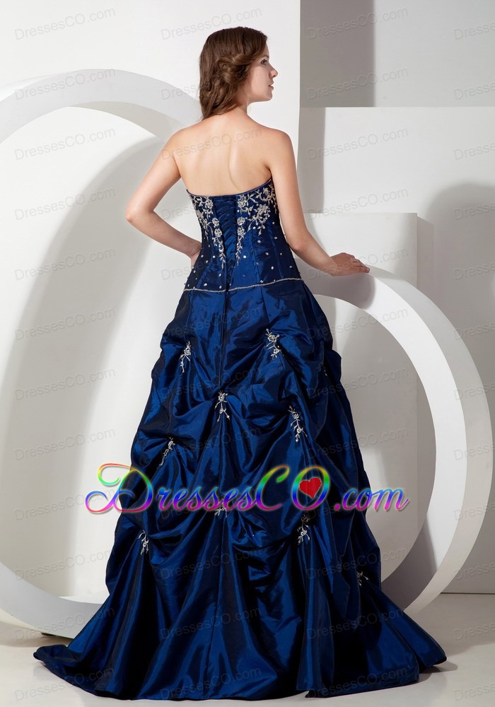 Informal Royal Blue A-line Strapless Long Taffeta Appliques Prom Dress