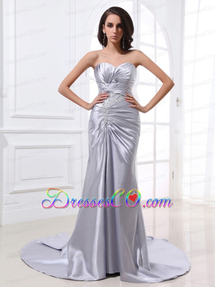 Silver Custom Made Prom Dress With Ruched Bodice Beading and Satin