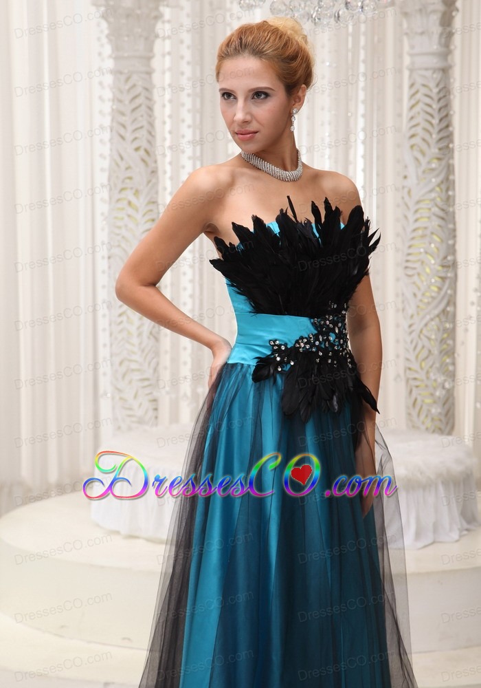 Feather And Beaded Decorate Bust Tulle And Taffeta Prom / Pageant Dress For Strapless And Long