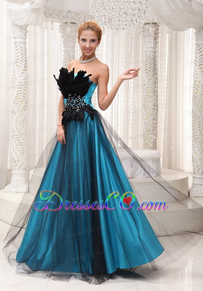 Feather And Beaded Decorate Bust Tulle And Taffeta Prom / Pageant Dress For Strapless And Long