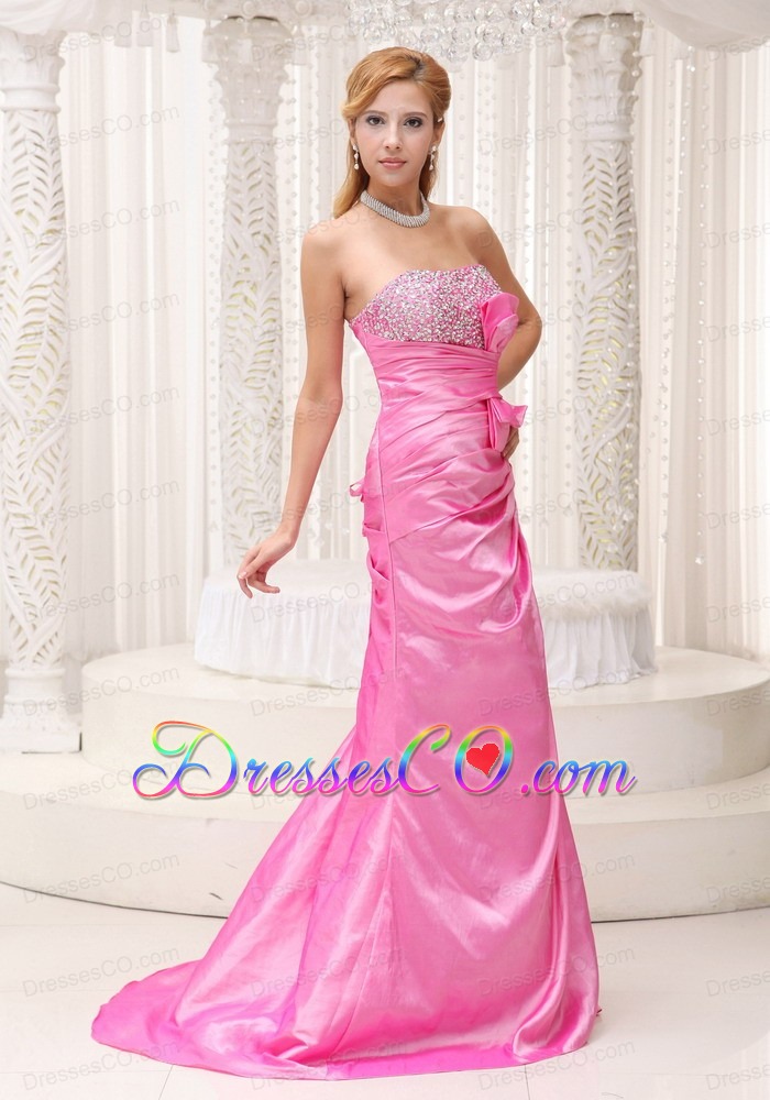 Pink Beaded Decorate Bust Ruched Bodice Brush Train Taffeta Prom / Evening Dress For Formal Evening