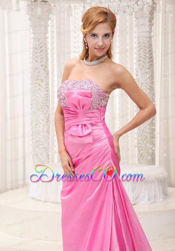 Pink Beaded Decorate Bust Ruched Bodice Brush Train Taffeta Prom / Evening Dress For Formal Evening