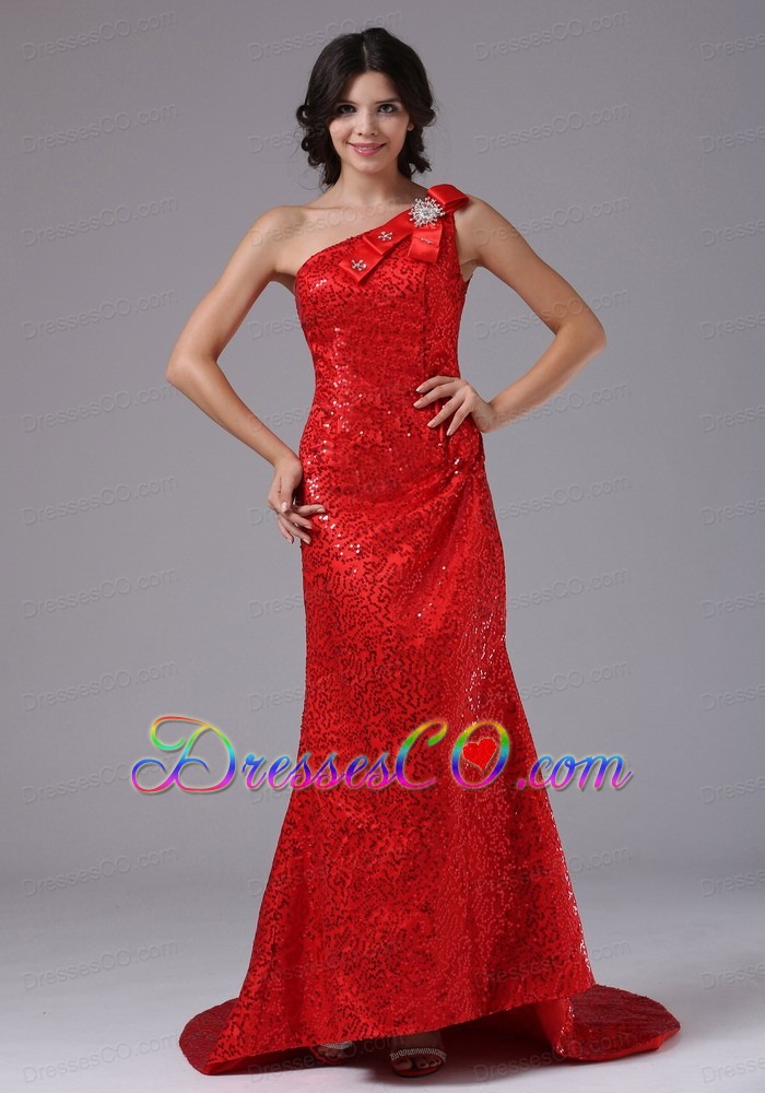 Red One Shoulder and Paillette Over Skirt In Arcadia California For Evening Dress Brush Train