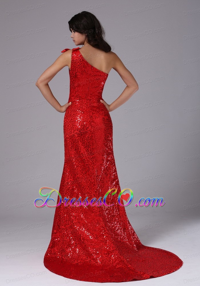 Red One Shoulder and Paillette Over Skirt In Arcadia California For Evening Dress Brush Train