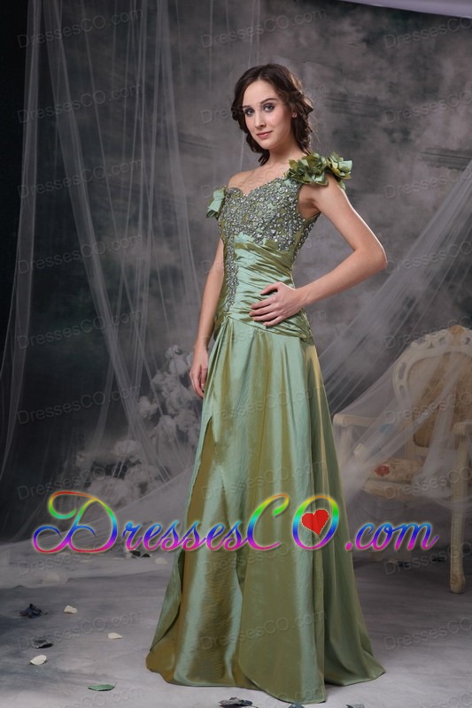 Luxurious Olive Green Prom Dress Column Off The Shoulder Beading And Ruching Taffeta Long