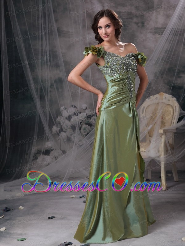 Luxurious Olive Green Prom Dress Column Off The Shoulder Beading And Ruching Taffeta Long