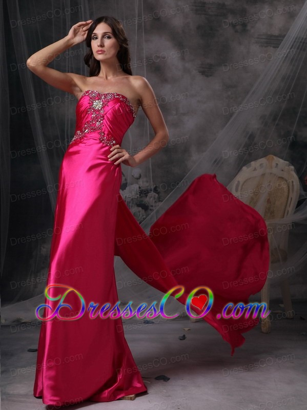 Hot Pink Prom Dress Satin Beading and Ruching Brush Train
