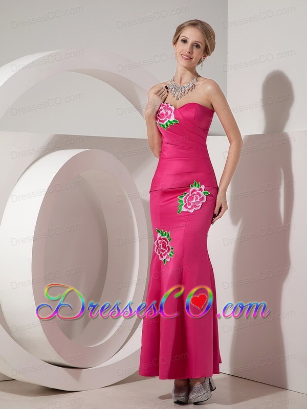 Hot Pink Mermaid Ankle-length Taffeta Appliques Prom Dress