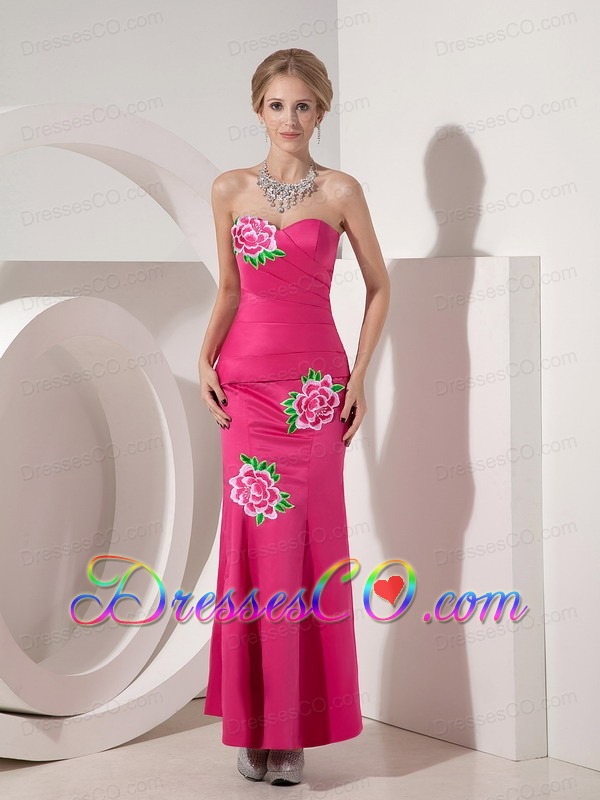 Hot Pink Mermaid Ankle-length Taffeta Appliques Prom Dress