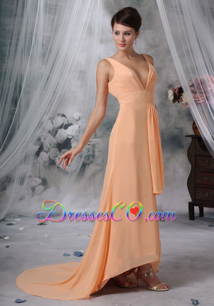 Sexy High Slit Prom / Evening Dress Light Orange High-low V-neck