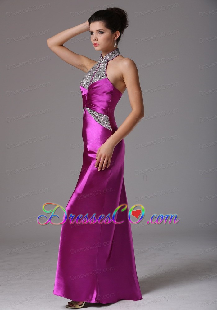 Fuchsia Halter Beaded Decorate Prom Celebrity Dress With Long