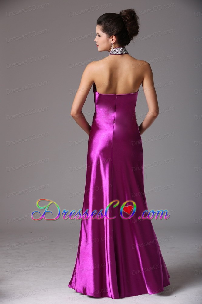 Fuchsia Halter Beaded Decorate Prom Celebrity Dress With Long