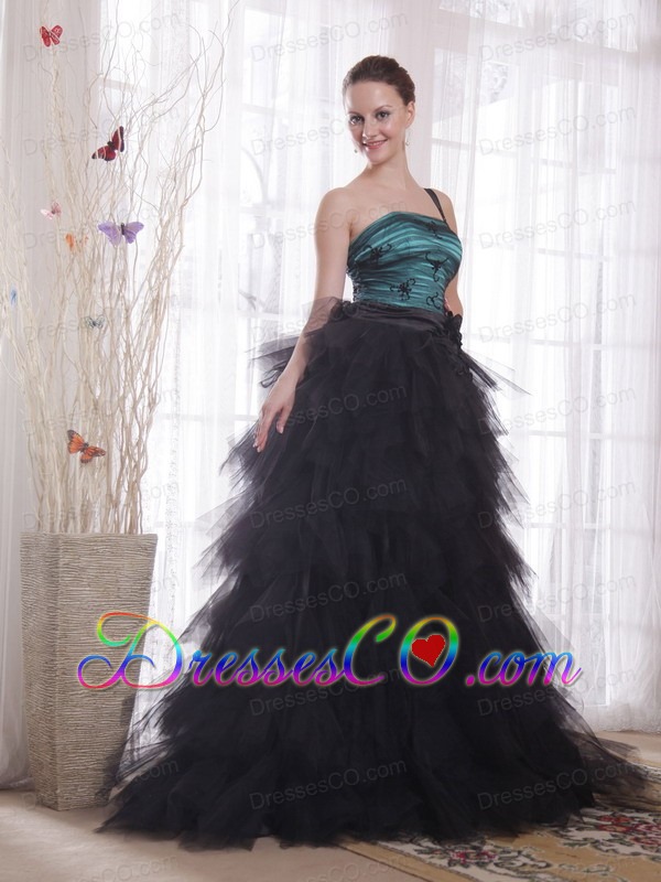 Black and Peacock Green A-line / Princess One Shoulder Brush Train Tulle Appliques and Ruches Prom / Celebrity Dress