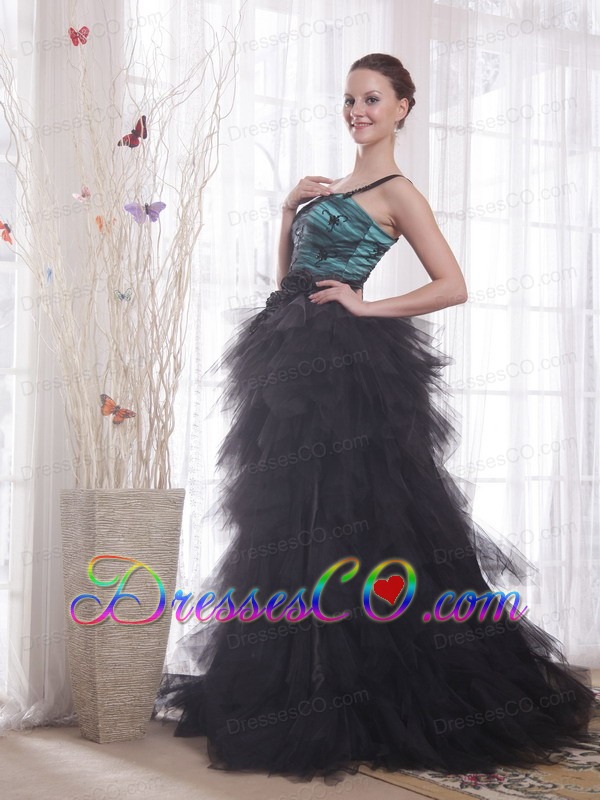 Black and Peacock Green A-line / Princess One Shoulder Brush Train Tulle Appliques and Ruches Prom / Celebrity Dress