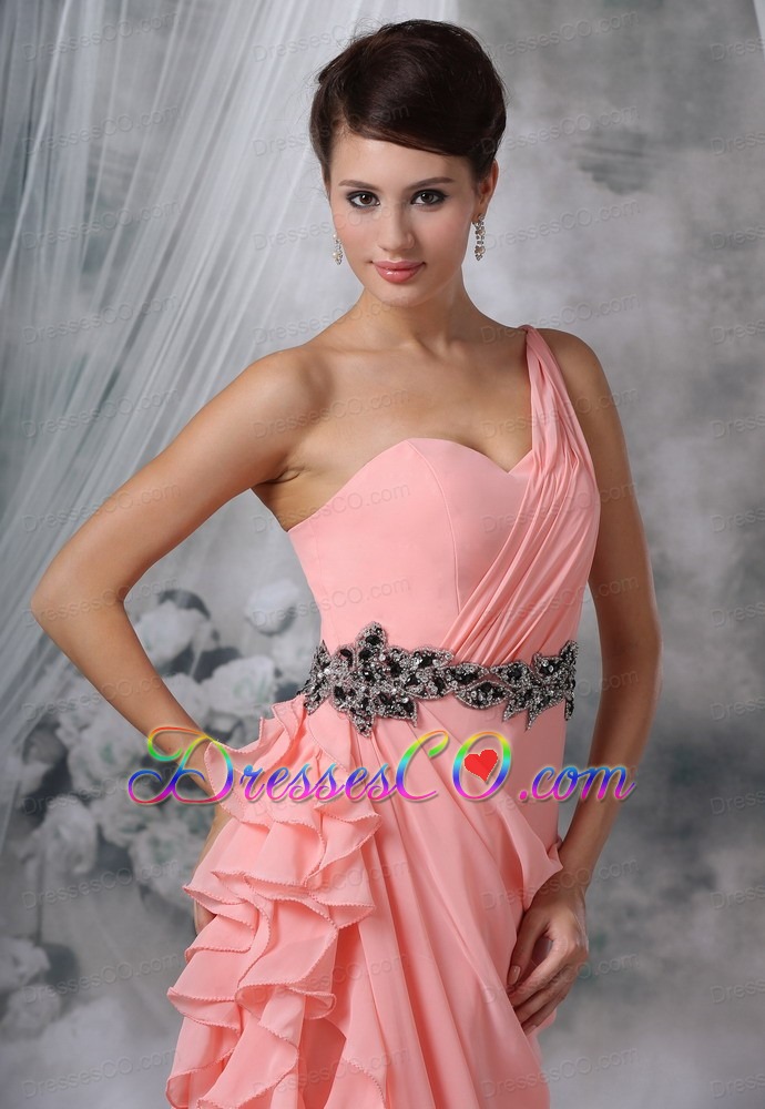 Beaded Decorate Waist Ruched Decorate One Shoulder Light Pink Chiffon Long For Prom / Evening Dress