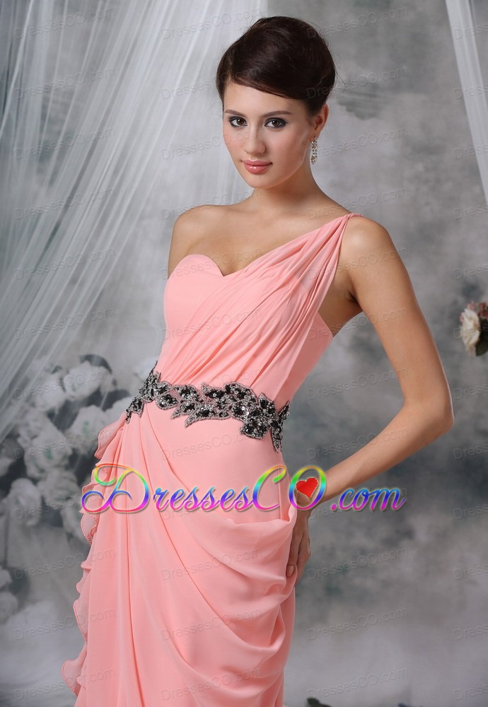Beaded Decorate Waist Ruched Decorate One Shoulder Light Pink Chiffon Long For Prom / Evening Dress